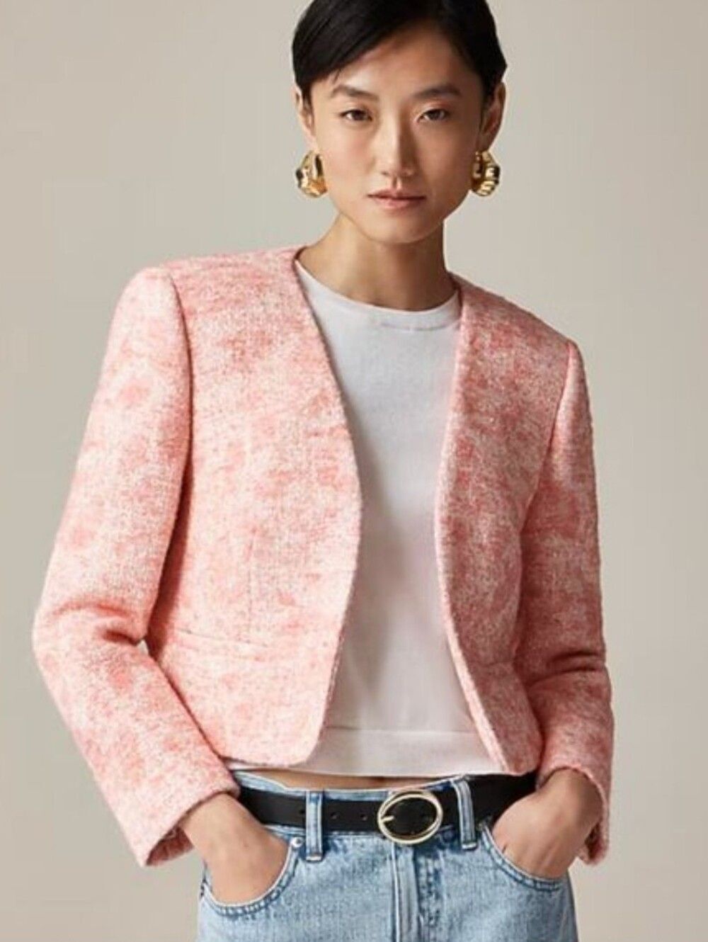 J. Crew Italian Tweed Collarless Cropped Lined Open Jacket Pink White Size 6